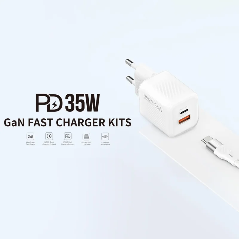 RECCI RC83E 35W GaN Charger USB A + Type C Dual Port Fast Charging Adapter for Smartphones Tablets, EU Plug