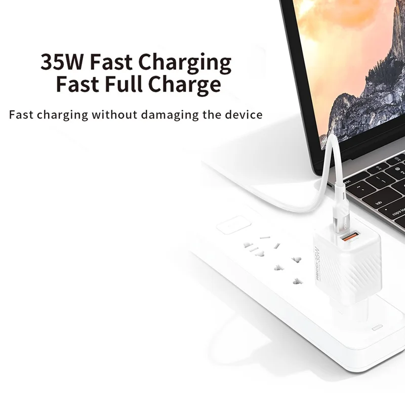 RECCI RC83E 35W GaN Charger USB A + Type C Dual Port Fast Charging Adapter for Smartphones Tablets, EU Plug