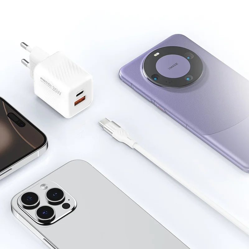 RECCI RC83E 35W GaN Charger USB A + Type C Dual Port Fast Charging Adapter for Smartphones Tablets, EU Plug