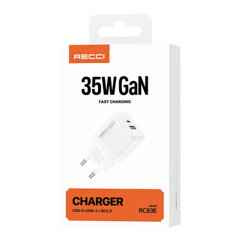 RECCI RC83E 35W GaN Charger USB A + Type C Dual Port Fast Charging Adapter for Smartphones Tablets, EU Plug