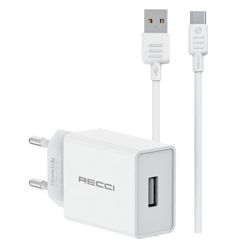 RECCI RC85EC EU Plug Power Adapter Portable 5V 2A USB Fast Charger with 1m USB to Type C Cable
