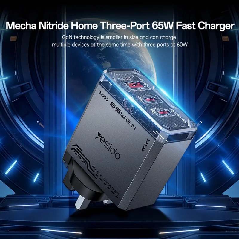YESIDO YC147 65W GaN Charger Fast Charging Power Adapter with Multiple Ports Mechanical Design for Phones / Tablets - UK Plug