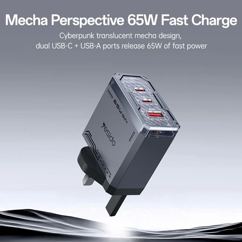 YESIDO YC147 65W GaN Charger Fast Charging Power Adapter with Multiple Ports Mechanical Design for Phones / Tablets - UK Plug