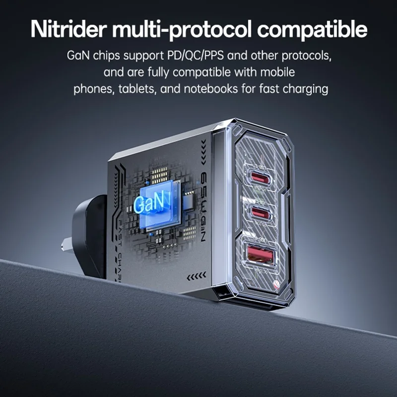 YESIDO YC147 65W GaN Charger Fast Charging Power Adapter with Multiple Ports Mechanical Design for Phones / Tablets - UK Plug