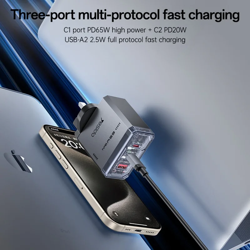 YESIDO YC147 65W GaN Charger Fast Charging Power Adapter with Multiple Ports Mechanical Design for Phones / Tablets - UK Plug
