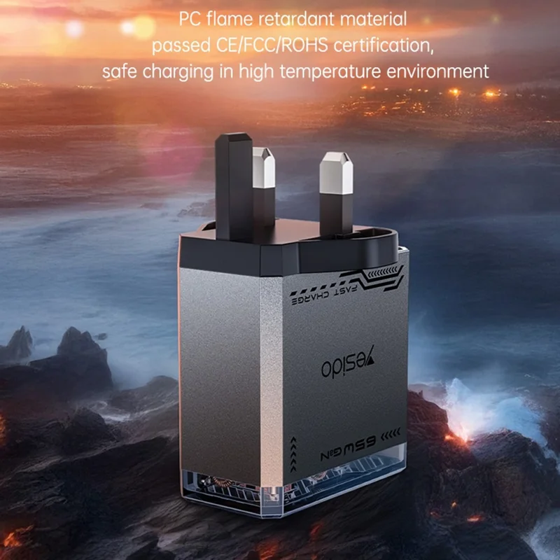 YESIDO YC147 65W GaN Charger Fast Charging Power Adapter with Multiple Ports Mechanical Design for Phones / Tablets - UK Plug