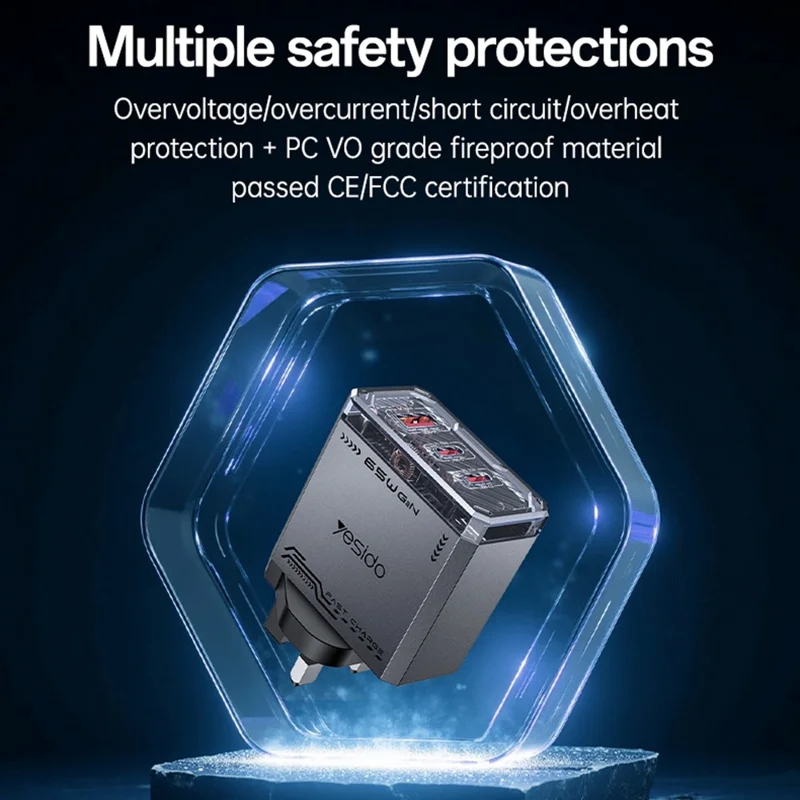 YESIDO YC147 65W GaN Charger Fast Charging Power Adapter with Multiple Ports Mechanical Design for Phones / Tablets - UK Plug