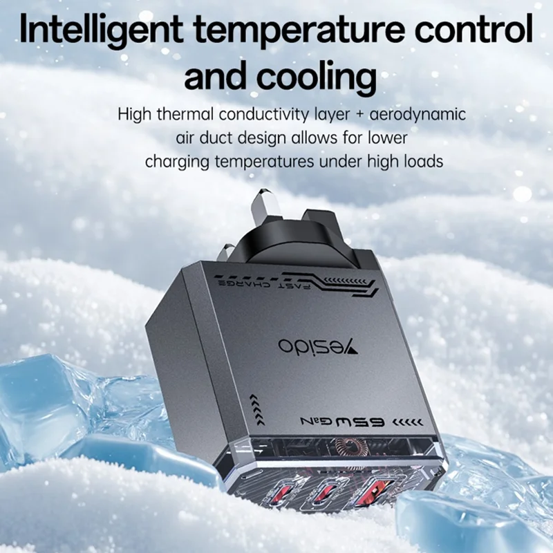 YESIDO YC147 65W GaN Charger Fast Charging Power Adapter with Multiple Ports Mechanical Design for Phones / Tablets - UK Plug