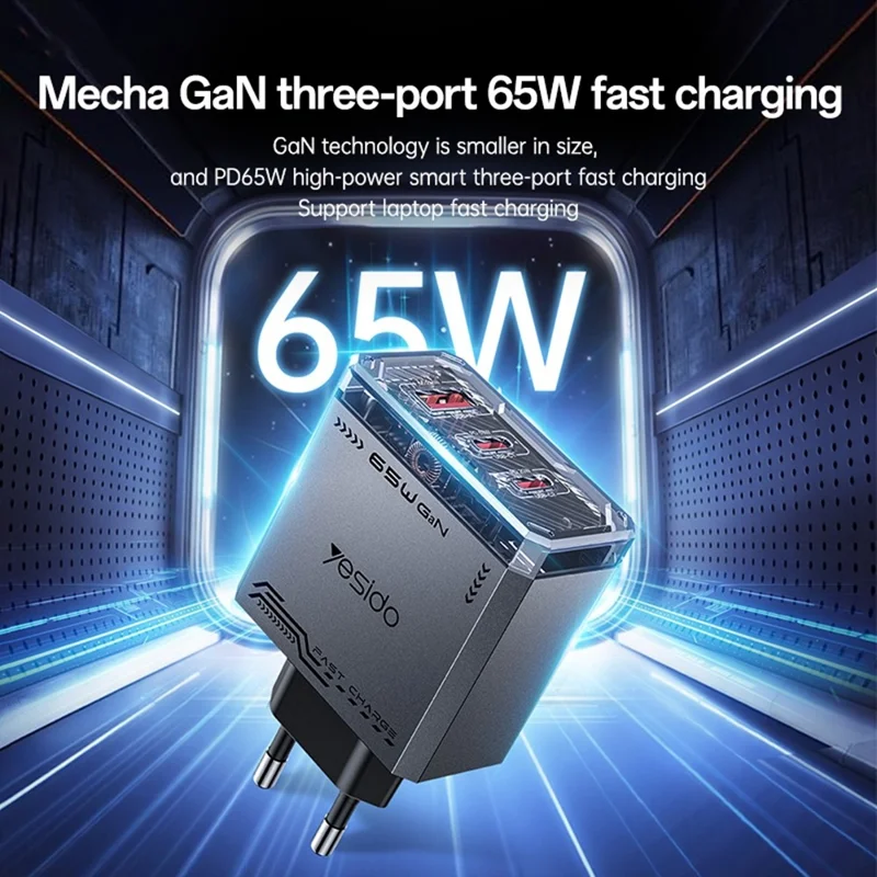 YESIDO YC101 65W GaN Charger USB A + 2 USB C Transparent Mech Fast Charging Adapter