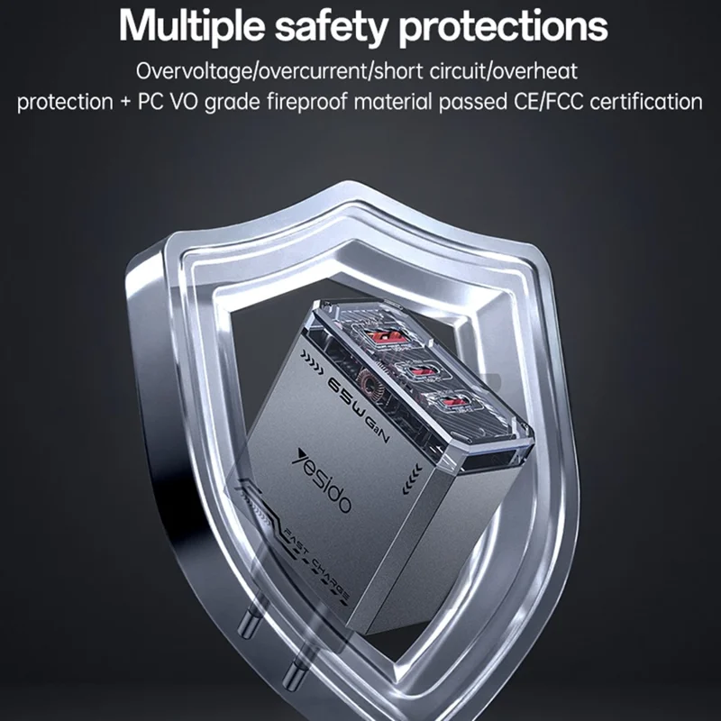 YESIDO YC101 65W GaN Charger USB A + 2 USB C Transparent Mech Fast Charging Adapter