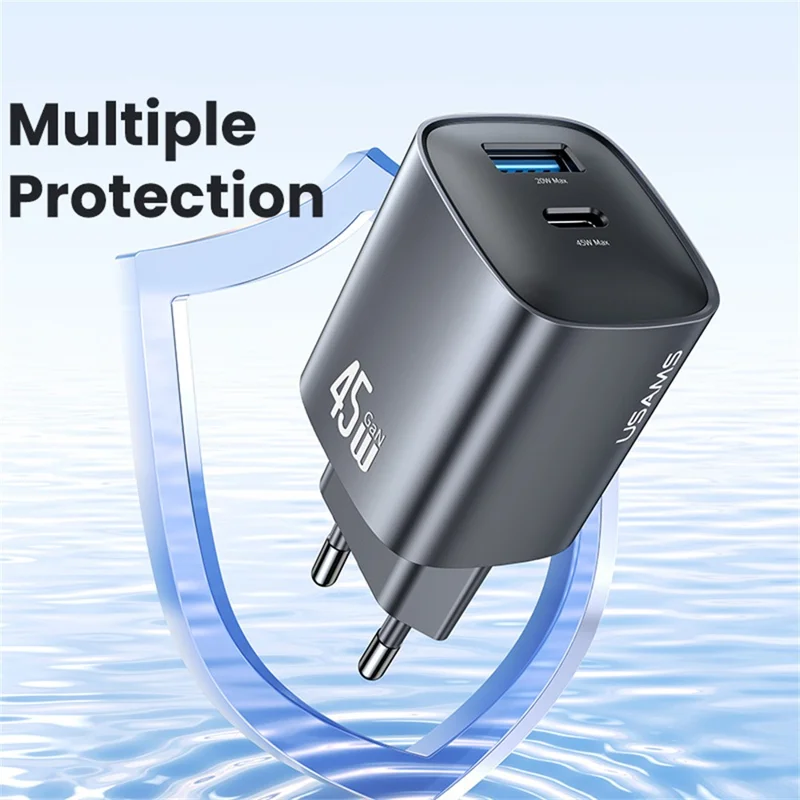 USAMS CC290 45W GaN Dual Port Fast Charger USB-A + USB-C Charger Adapter Quick Charging, EU Plug - Black