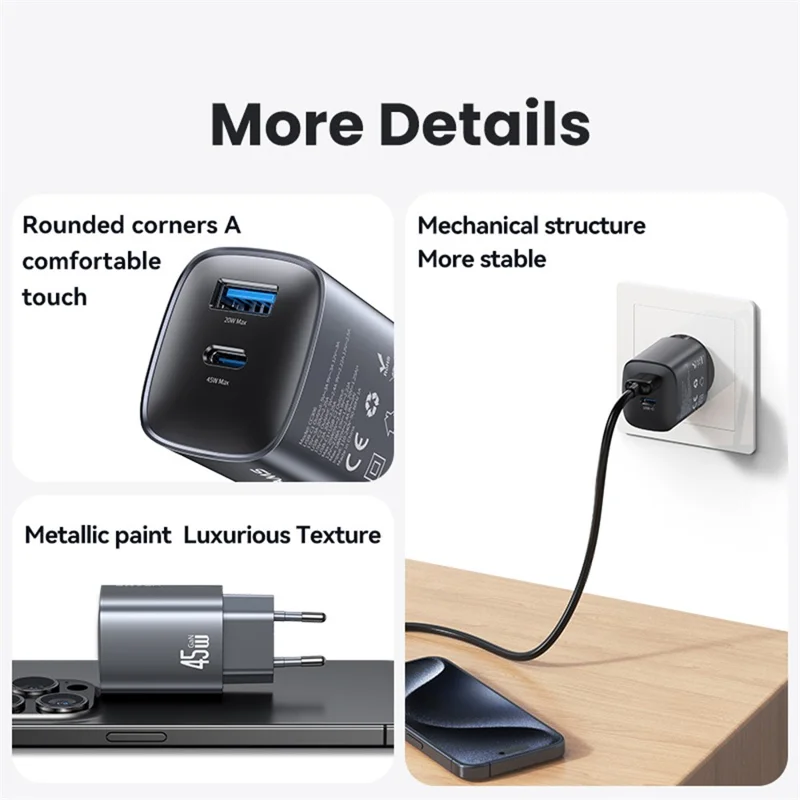 USAMS CC290 45W GaN Dual Port Fast Charger USB-A + USB-C Charger Adapter Quick Charging, EU Plug - Black