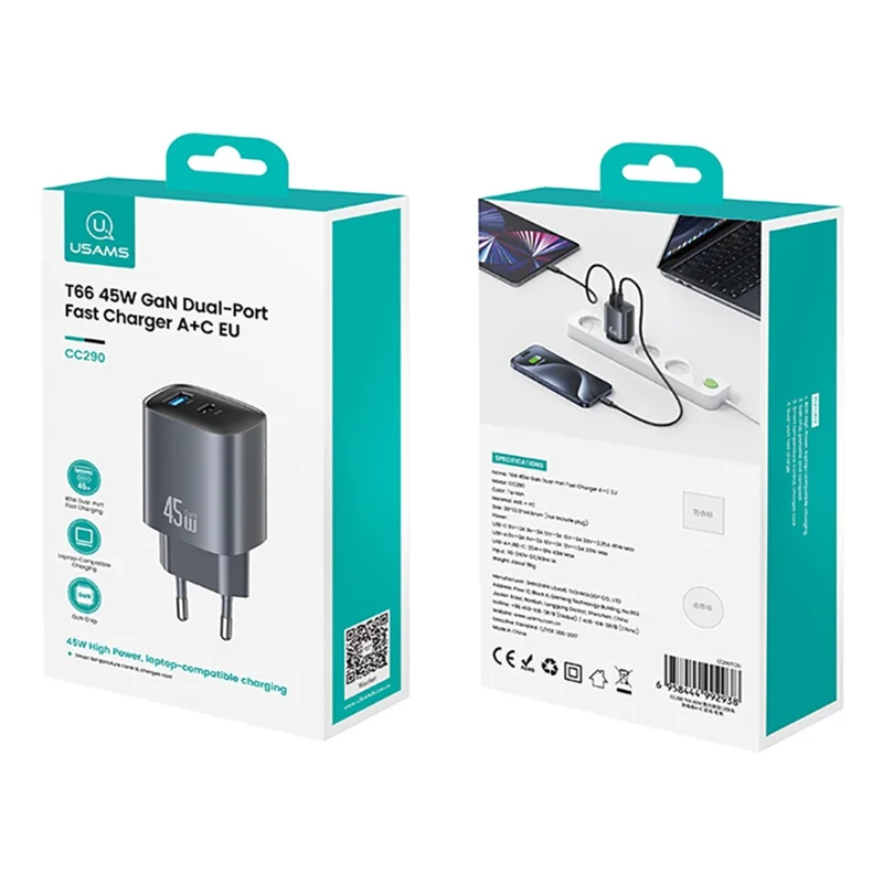USAMS CC290 45W GaN Dual Port Fast Charger USB-A + USB-C Charger Adapter Quick Charging, EU Plug - Black
