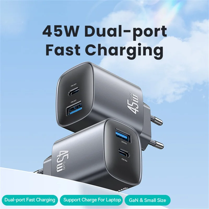 USAMS CC290 45W GaN Dual Port Fast Charger USB-A + USB-C Charger Adapter Quick Charging, EU Plug - Black