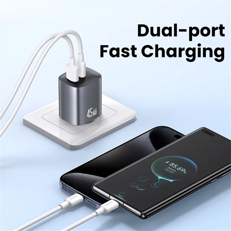 USAMS CC290 45W GaN Dual Port Fast Charger USB-A + USB-C Charger Adapter Quick Charging, EU Plug - Black