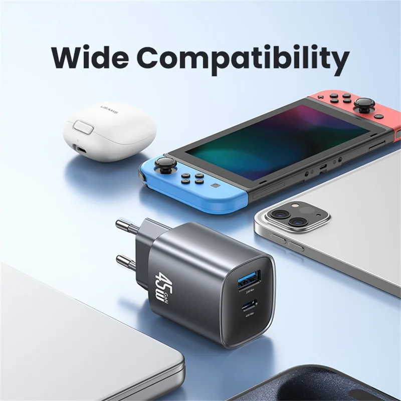 USAMS CC290 45W GaN Dual Port Fast Charger USB-A + USB-C Charger Adapter Quick Charging, EU Plug - Black