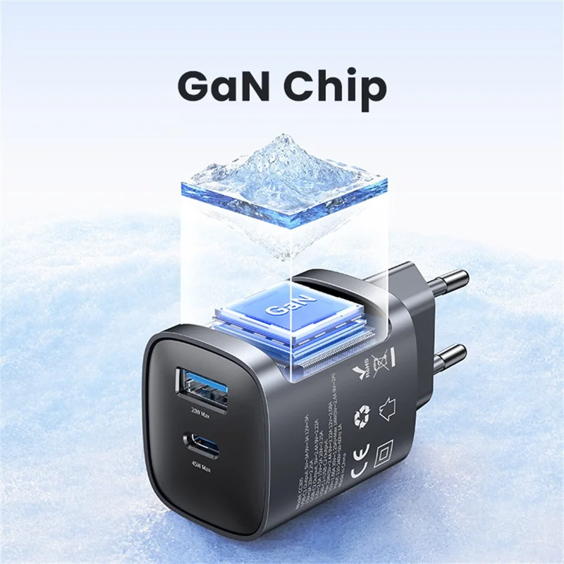 USAMS CC290 45W GaN Dual Port Fast Charger USB-A + USB-C Charger Adapter Quick Charging, EU Plug - Black