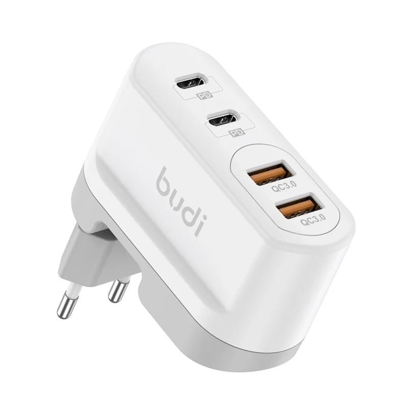 BUDI AC326TQEW 40W Travel Charger Folding 2 USB QC + 2 USB-C PD Wall Charger Multi Port Wall Charger, EU Plug