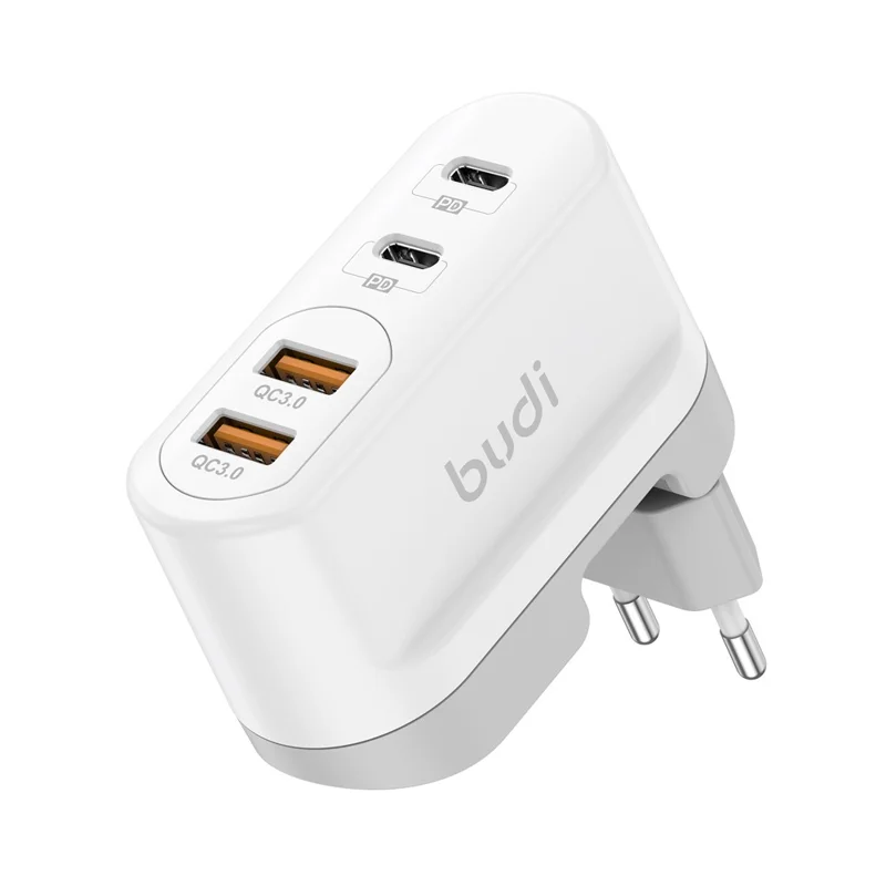 BUDI AC326TQEW 40W Travel Charger Folding 2 USB QC + 2 USB-C PD Wall Charger Multi Port Wall Charger, EU Plug