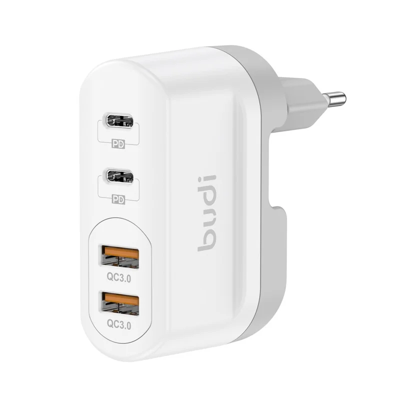 BUDI AC326TQEW 40W Travel Charger Folding 2 USB QC + 2 USB-C PD Wall Charger Multi Port Wall Charger, EU Plug