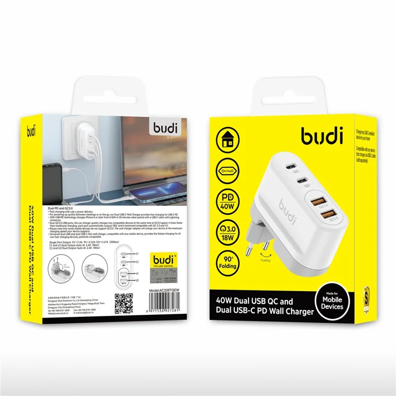 BUDI AC326TQEW 40W Travel Charger Folding 2 USB QC + 2 USB-C PD Wall Charger Multi Port Wall Charger, EU Plug