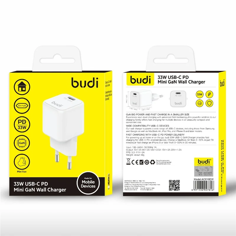 BUDI AC018EW 33W USB-C PD Mini GaN wandlader met enkele poort snellader, EU-stekker