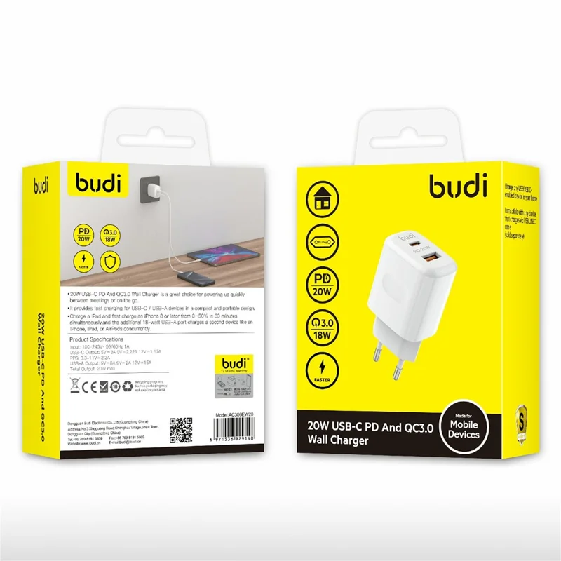 BUDI AC306EW 20W Travel Charger USB-C PD + QC3.0 Dual Port Fast Charging Wall Charger, EU Plug