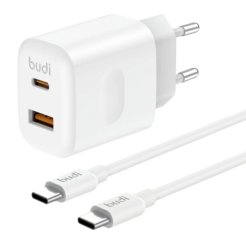 BUDI AC306ETTW 30W Travel Charger USB-A + Type-C Ports Power Adapter Set with 1.2m 65W USB-C Cable, EU Plug