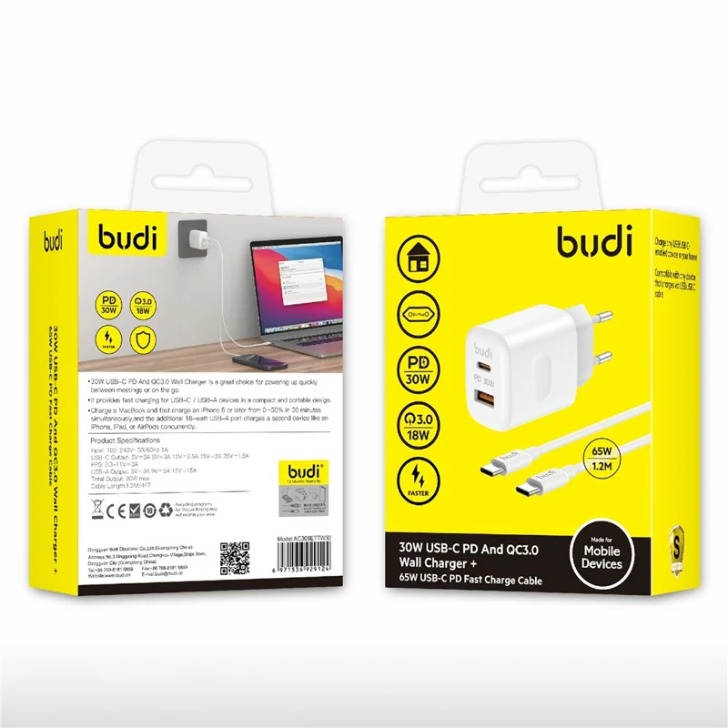BUDI AC306ETTW 30W Travel Charger USB-A + Type-C Ports Power Adapter Set with 1.2m 65W USB-C Cable, EU Plug
