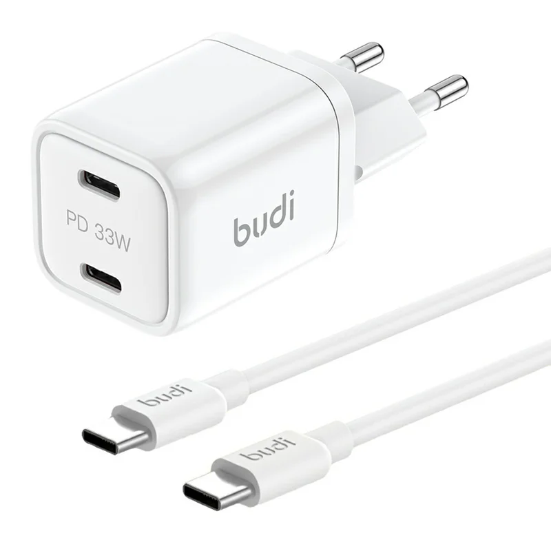 BUDI AC016RETTW 33W Dual USB-C Mini GaN Wall Charger Travel Set with 1.2M 65W USB-C Cable, EU Plug
