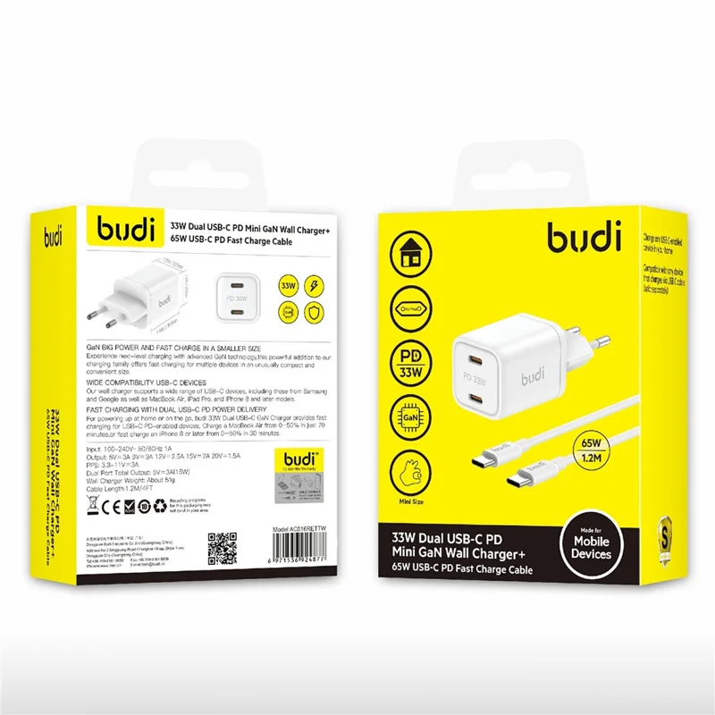 BUDI AC016RETTW 33W Dual USB-C Mini GaN Wall Charger Travel Set with 1.2M 65W USB-C Cable, EU Plug