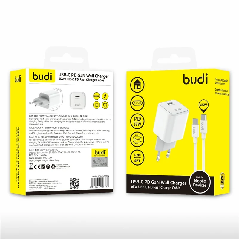 BUDI AC019ETTW 33W zestaw ładowarki podróżnej z kablem danych 1,2 m 65 W, pojedynczy port USB-C, szybkie ładowanie, adapter zasilający