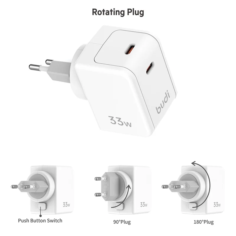 Ładowarka BUDI AC351EW z podwójnym portem USB-C PD 33 W, szybkie ładowanie, adapter podróżny z wtykiem UE