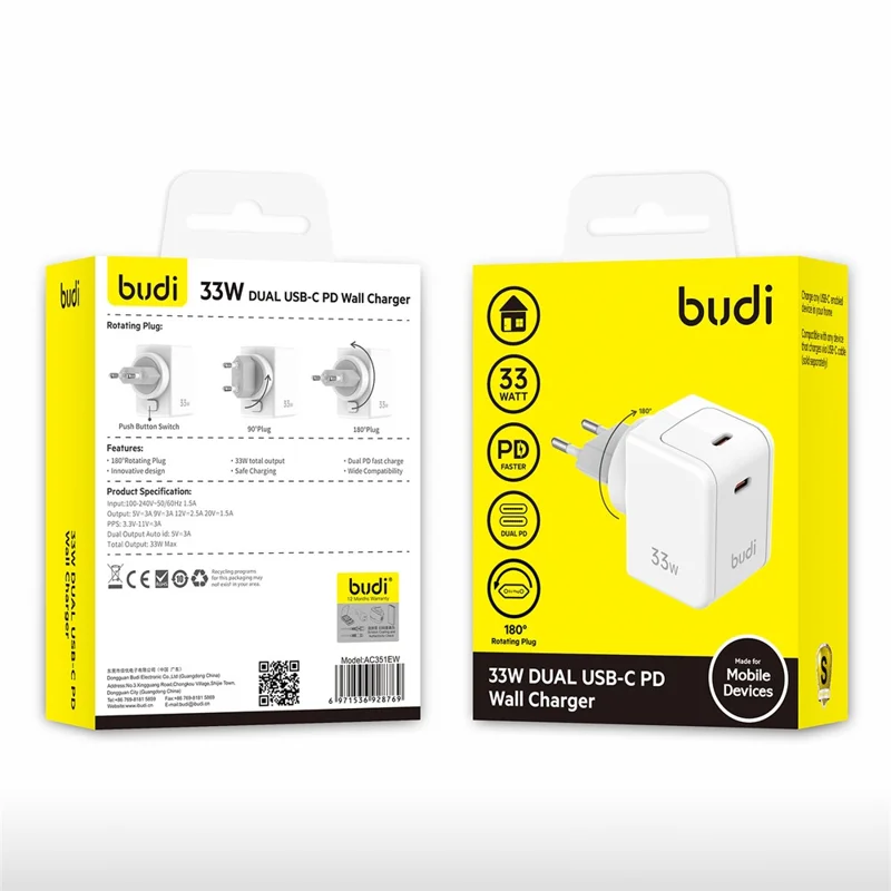 Ładowarka BUDI AC351EW z podwójnym portem USB-C PD 33 W, szybkie ładowanie, adapter podróżny z wtykiem UE