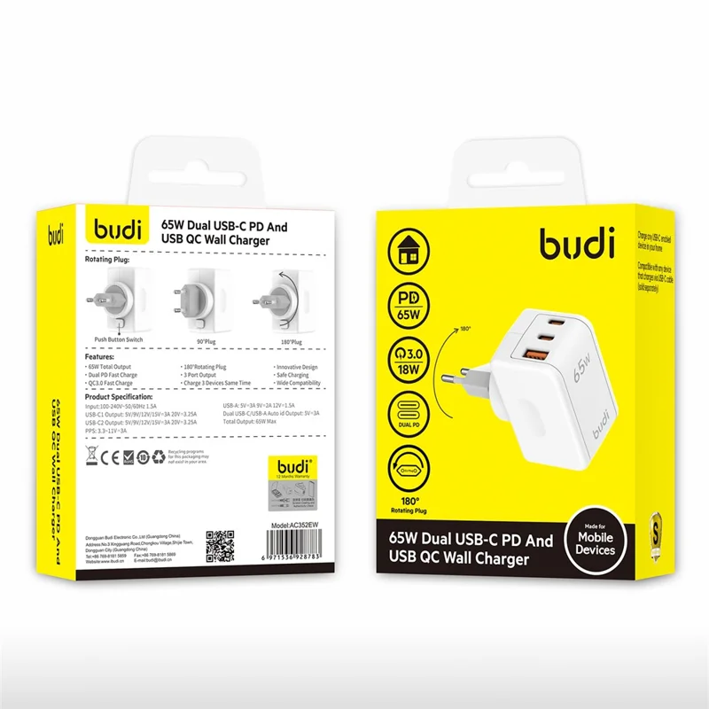 Ładowarka podróżna BUDI AC352EW 65 W, USB-A + 2 gniazda typu C, zasilacz sieciowy z obracalnym wtykiem do laptopa/urządzeń wielu, wtyk typu EU