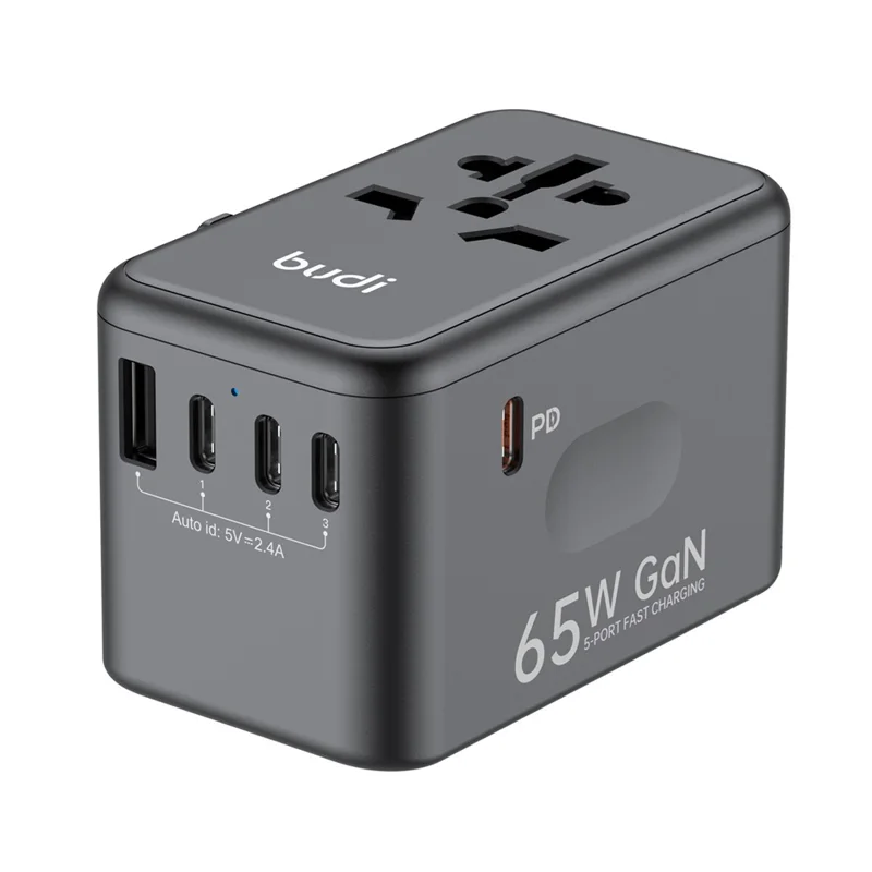 BUDI AC355B65 65W GaN Global Travel Charger 4 Type-C + USB-A Multi-Port Fast Charging Wall Charger Adapter