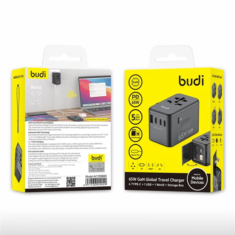 BUDI AC355B65 65W GaN Global Travel Charger 4 Type-C + USB-A Multi-Port Fast Charging Wall Charger Adapter