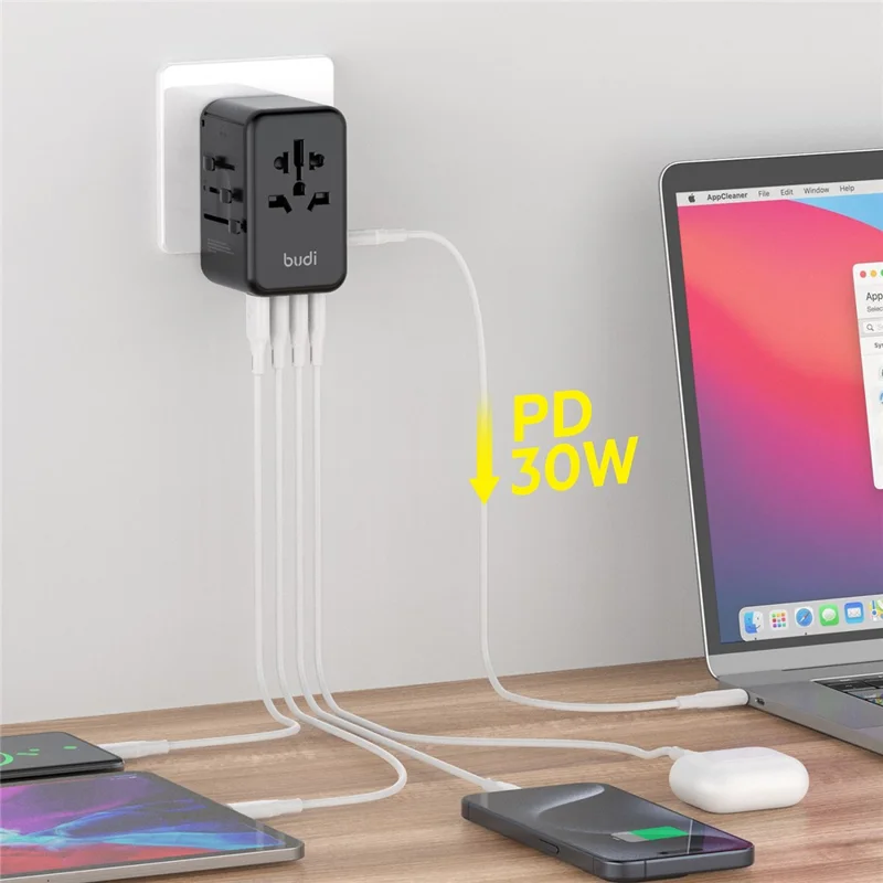 BUDI AC355B30 30W Global Travel Charger 4 Type-C + USB-A Multi-Port Fast Charging Charger Adapter