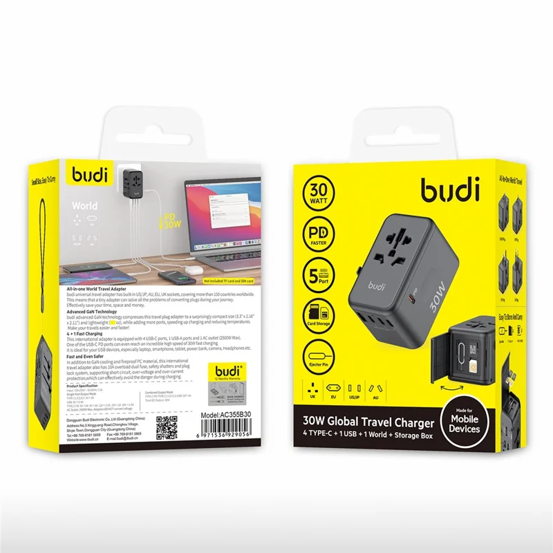 BUDI AC355B30 30W Global Travel Charger 4 Type-C + USB-A Multi-Port Fast Charging Charger Adapter