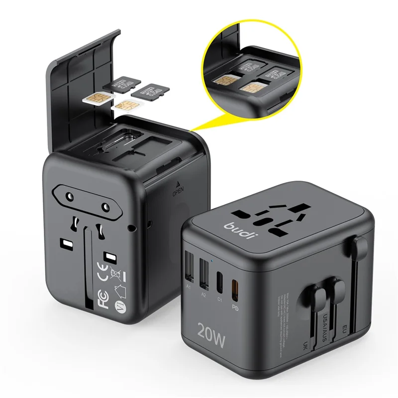 Carregador Global BUDI AC358B20 20W Adaptador de Energia de Carregamento Rápido com 2 Portas USB-C + 2 Portas USB-A
