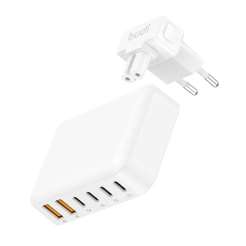 BUDI AC318EW 60W 6 Port Fast Charger 2 USB-A + 4 Type-C Travel Adapter Fast Charging with 1.5m Cable, EU Plug