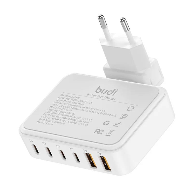 BUDI AC318EW 60W 6 Port Fast Charger 2 USB-A + 4 Type-C Travel Adapter Fast Charging with 1.5m Cable, EU Plug