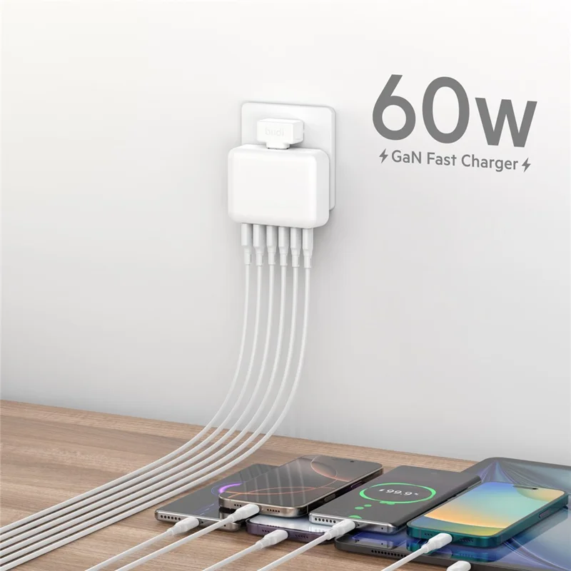 BUDI AC318EW 60W 6 Port Fast Charger 2 USB-A + 4 Type-C Travel Adapter Fast Charging with 1.5m Cable, EU Plug