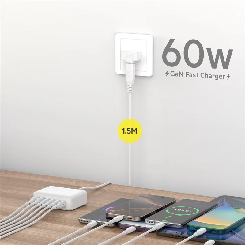 BUDI AC318EW 60W 6 Port Fast Charger 2 USB-A + 4 Type-C Travel Adapter Fast Charging with 1.5m Cable, EU Plug