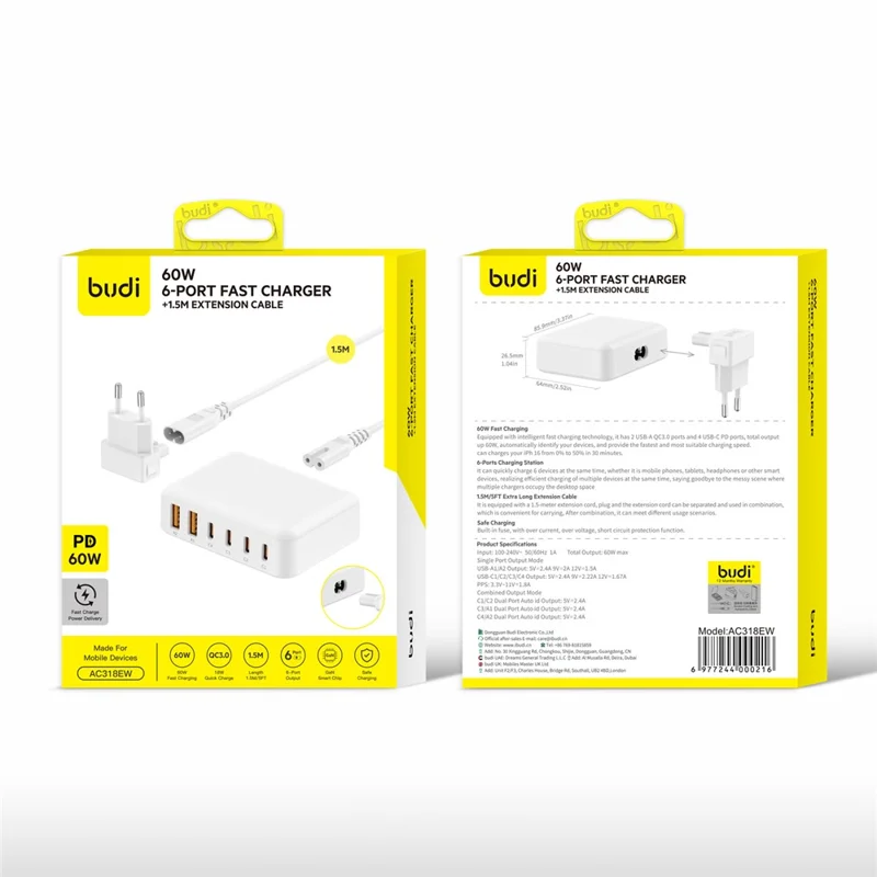 BUDI AC318EW 60W 6 Port Fast Charger 2 USB-A + 4 Type-C Travel Adapter Fast Charging with 1.5m Cable, EU Plug