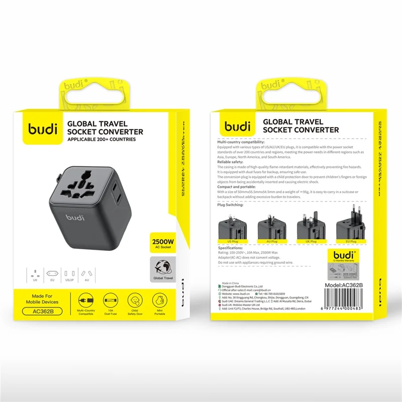 BUDI AC362B Global Travel Socket Converter Adapter Power Plug Wall Charger Block