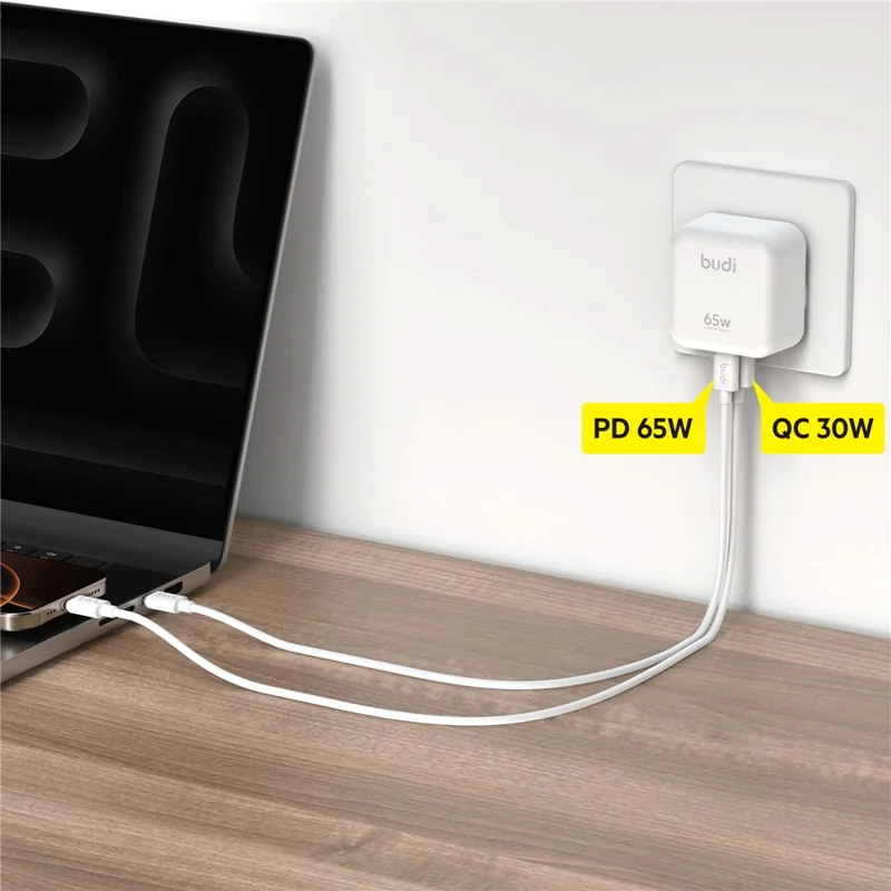 BUDI AC320EW 65W GaN Caricatore USB-A + Porte USB-C Ricarica Rapida Adattatore di Alimentazione per Laptop / Notebook, Spina UE