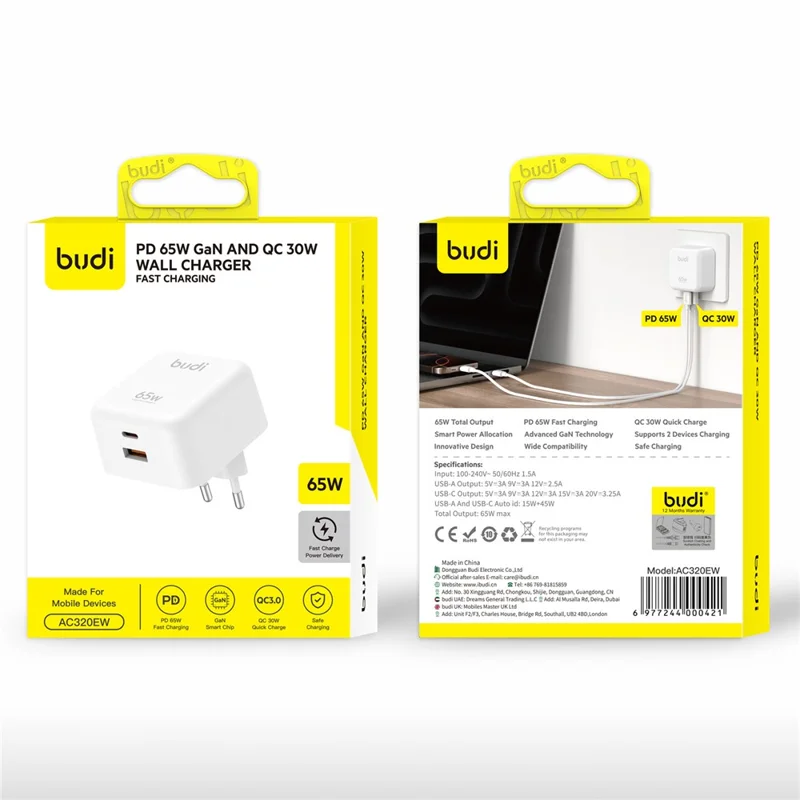 BUDI AC320EW 65W GaN Caricatore USB-A + Porte USB-C Ricarica Rapida Adattatore di Alimentazione per Laptop / Notebook, Spina UE