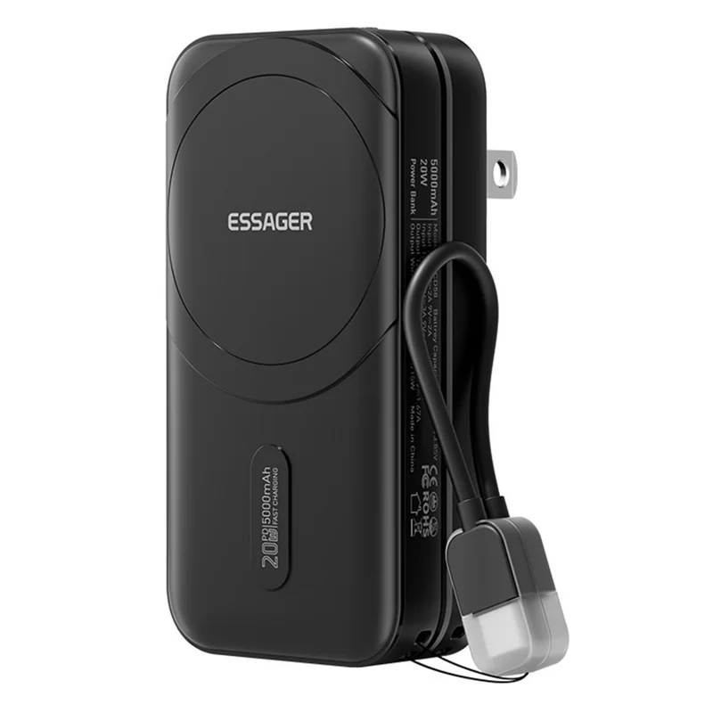 ESSAGER 3 em 1 Adaptador de Viagem Carregador Portátil 5000mAh Carregamento Rápido Carregador Portátil Magnético de Alta Capacidade - Preto / Plugue EUA