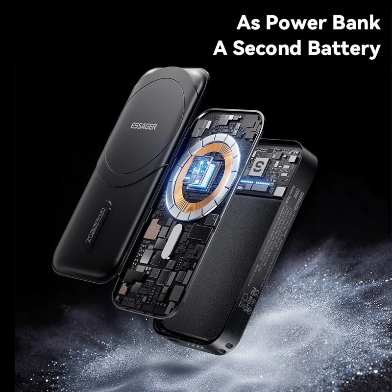 ESSAGER 3 em 1 Adaptador de Viagem Carregador Portátil 5000mAh Carregamento Rápido Carregador Portátil Magnético de Alta Capacidade - Preto / Plugue EUA